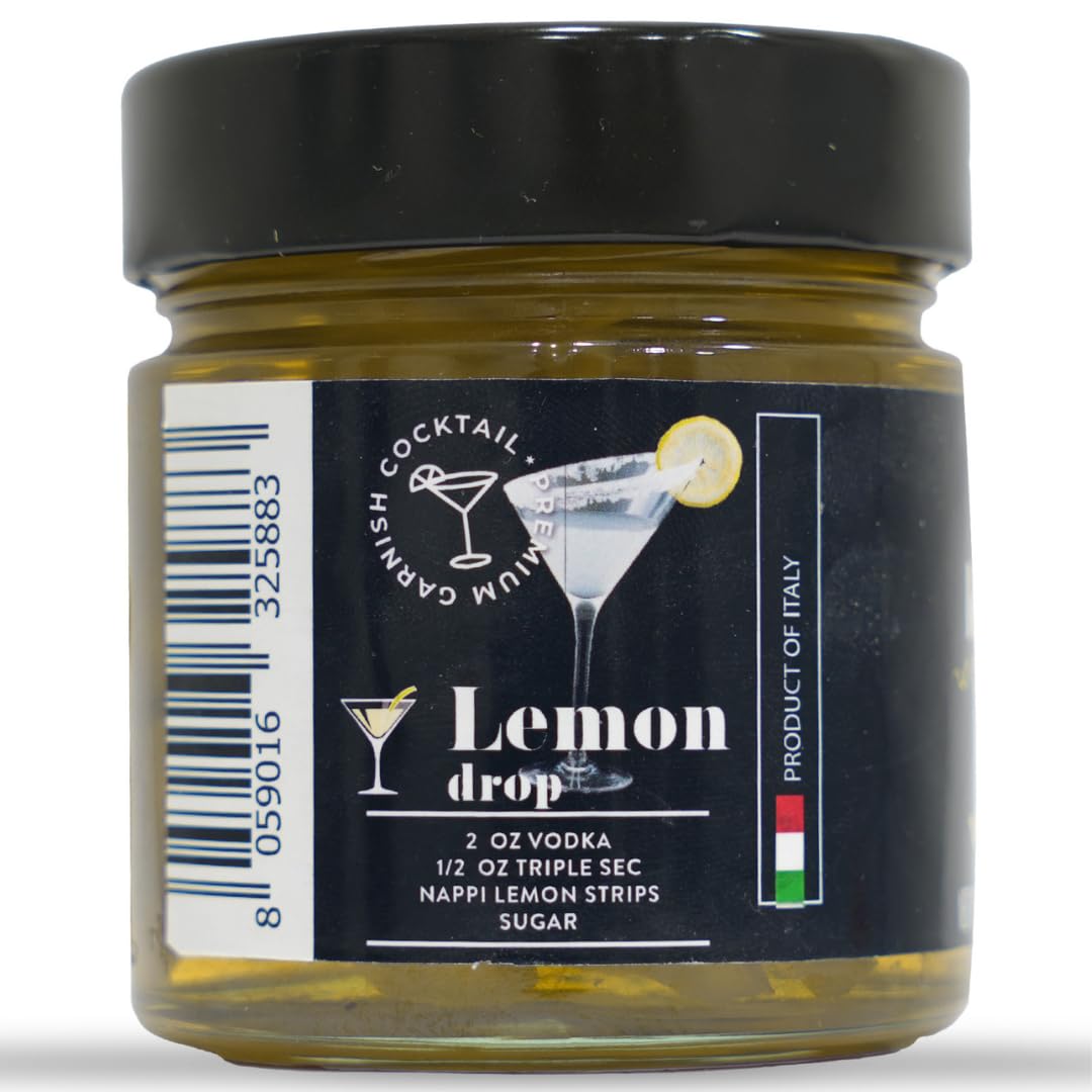 Nappi 1911 Candied Lemon Peel Strips in Syrup, 10.9 oz, Popular Cocktail Garnish for Drinks and Baking