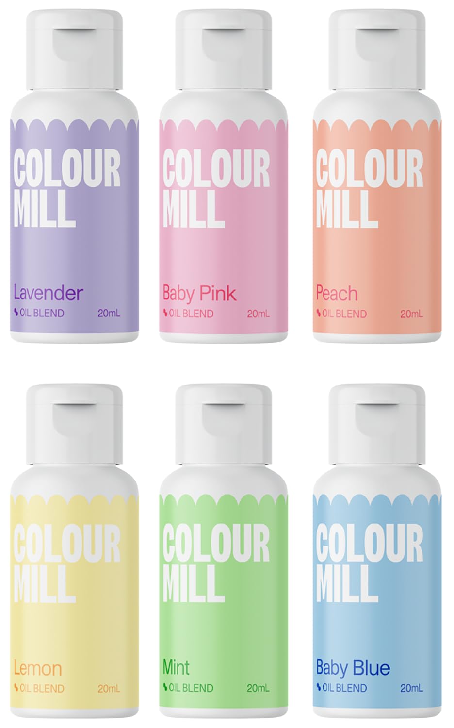 Colour Mill Pastel Pack Oil-Based Food Coloring, 20 Milliliters Each Of 6 Colors: Baby Blue, Baby Pink, Lavender, Lemon, Mint An
