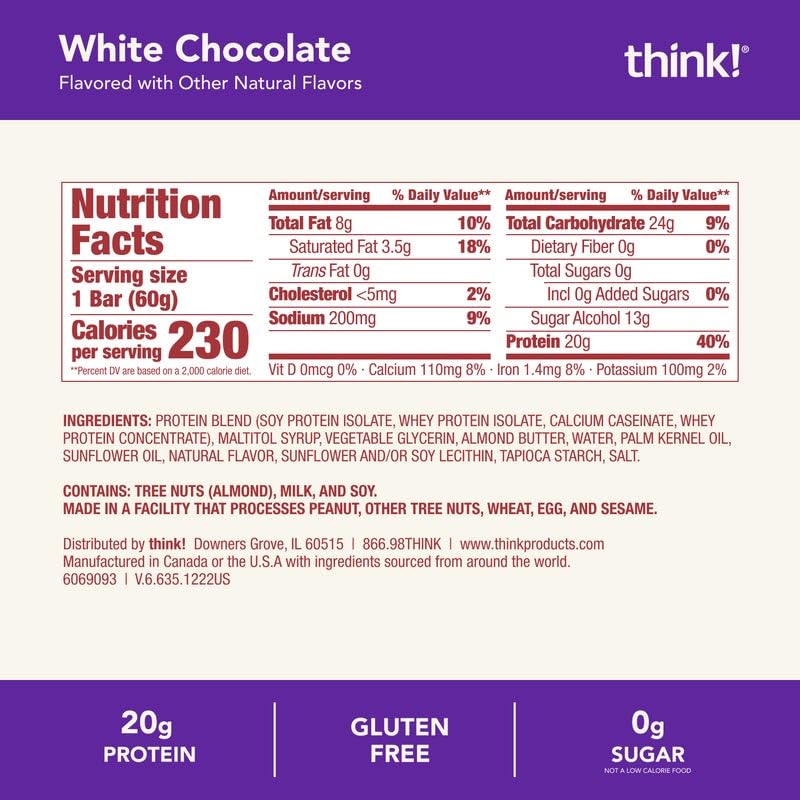 think! Protein Bars, High Protein Snacks, Gluten Free, Kosher Friendly, White Chocolate, Nutrition Bars, 2.1 Oz per Bar, 10 Coun