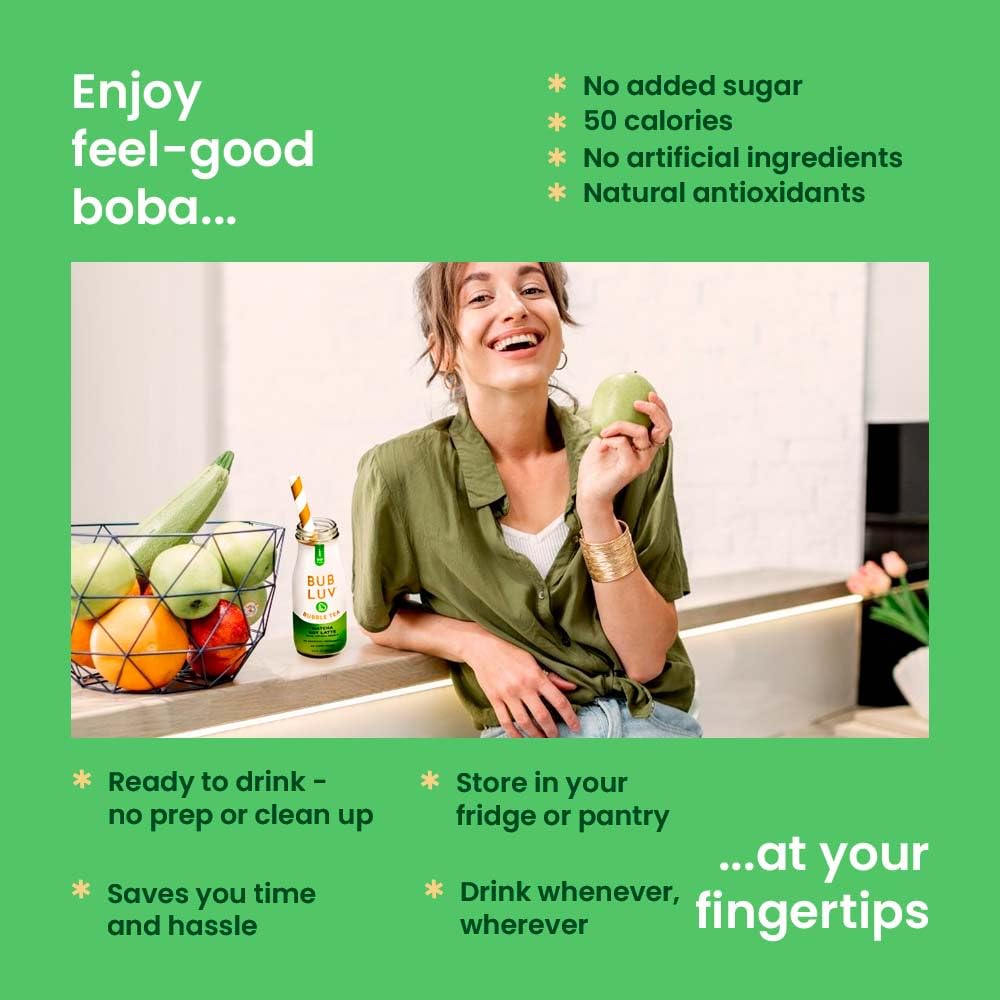 Bubluv Low Sugar Bubble Tea - Matcha Soy Latte With Low-Carb Jelly Pearls - Ready-To-Drink Boba Milk Tea In A Glass Bottle, Low