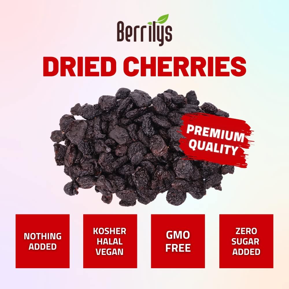 Berrilys Dried Dark Sweet Cherries, No Added Sugar, 10 Oz, Pitted, Unsulfured, Sweet Cherry, Unsweetened, No Preservatives, Non-