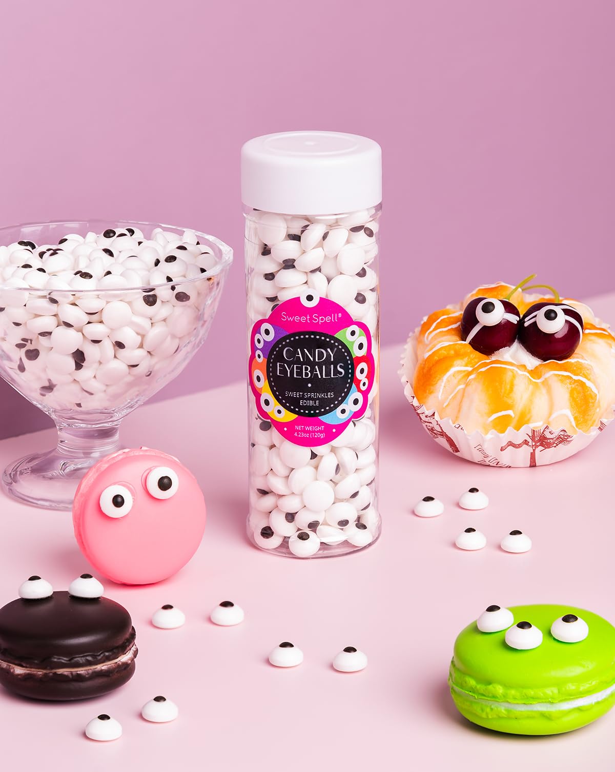 Sweet Spell Candy Eyeballs - 260 Edible Sprinkles for Halloween Baking, 120g, Small, White