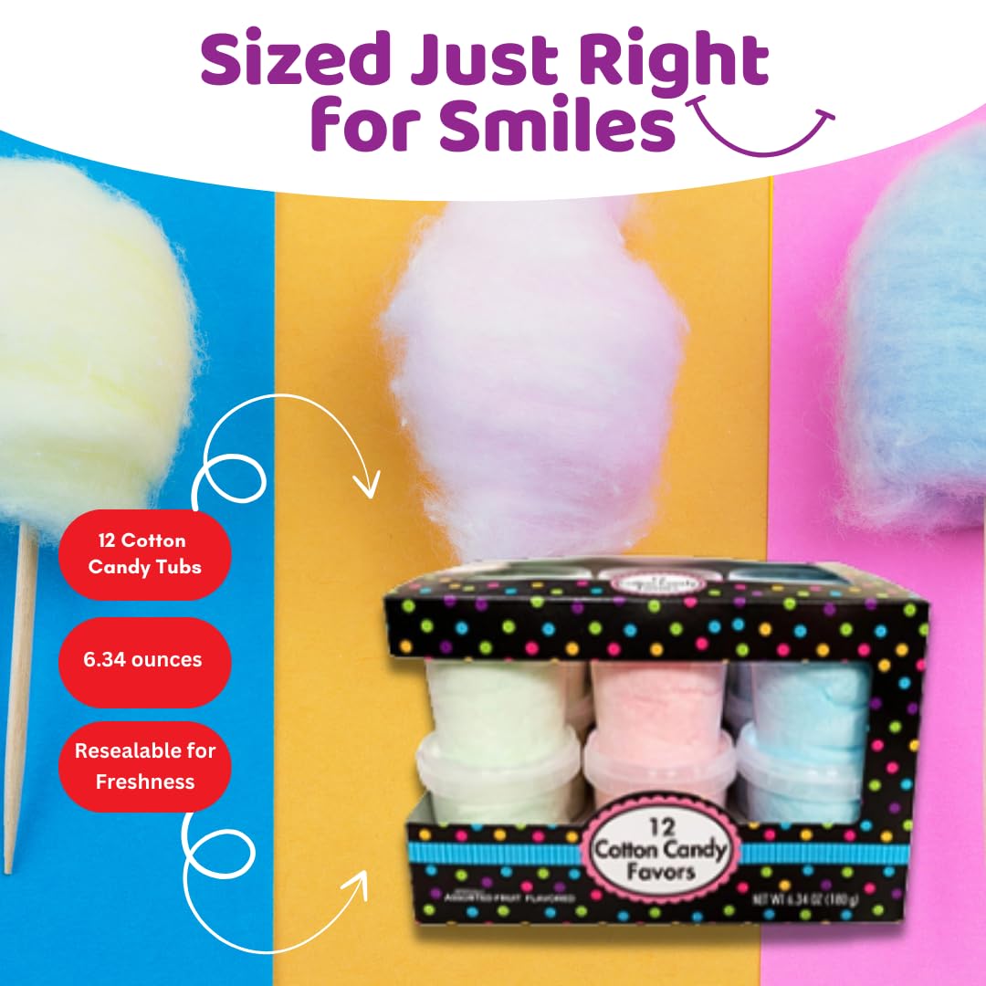 Albert'S Variety Flavored Cotton Candy - 12 Pack - Fluffy Rainbow Assorted Sweet Treat - Resealable Tubs - Perfect For Parties &