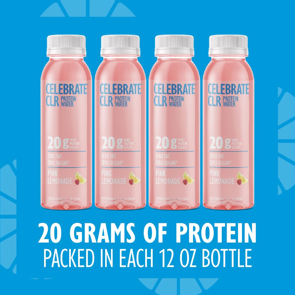 Celebrate Bariatric dietary products CLR Whey Isolate Protein Water, Pink Lemonade, 20g Protein, 12 Fl Oz, Gluten Free, Sugar Free, 12 Pack