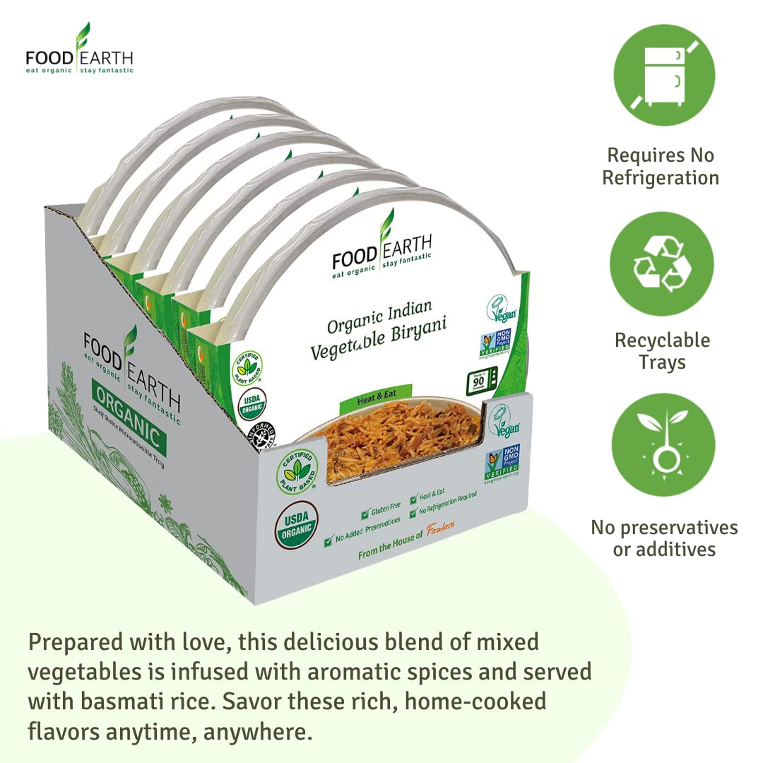 Food Earth Ready To Eat Indian Cuisine - Vegetable Biryani Meal - Microwavable, Pre-Packaged & Lunchable - Organic, Vegan, Glute