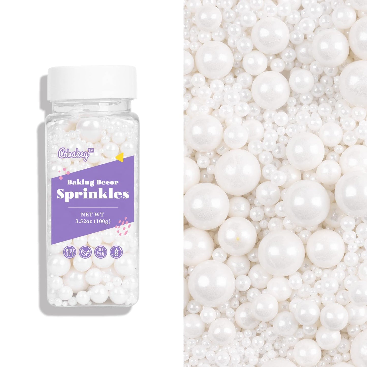 Cobakey Pearl Sprinkles For Cake Decorations 3.52 Ounce Edible White Sprinkles For Cupcake Toppers Wedding Party Valentines Hall
