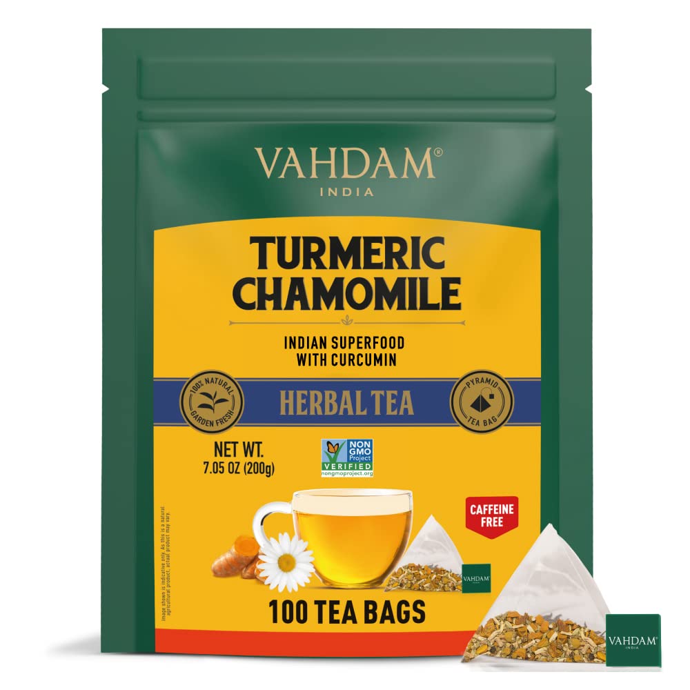 Vahdam, Turmeric Chamomile Tea Bags (100 Herbal Tea Bags) Caffeine Free, Non Gmo, Gluten Free | 100% Pure Herbal Tisane - Warm, Earthy & Floral | Infused With Chamomile Flowers | Resealable Ziplock Pouch