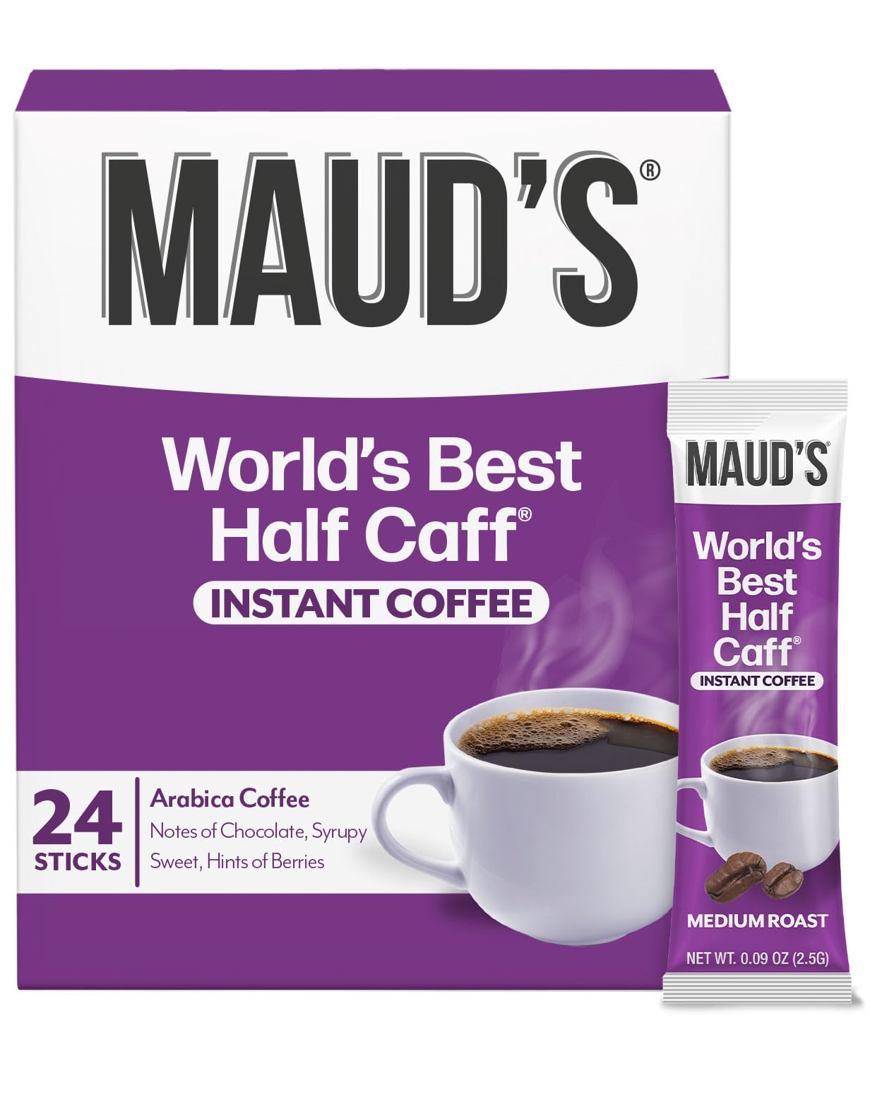 MAUDS Instant Half Caff Coffee, Medium Roast, 26 Count Single Serve Travel Packs, 100% Arabica Coffee
