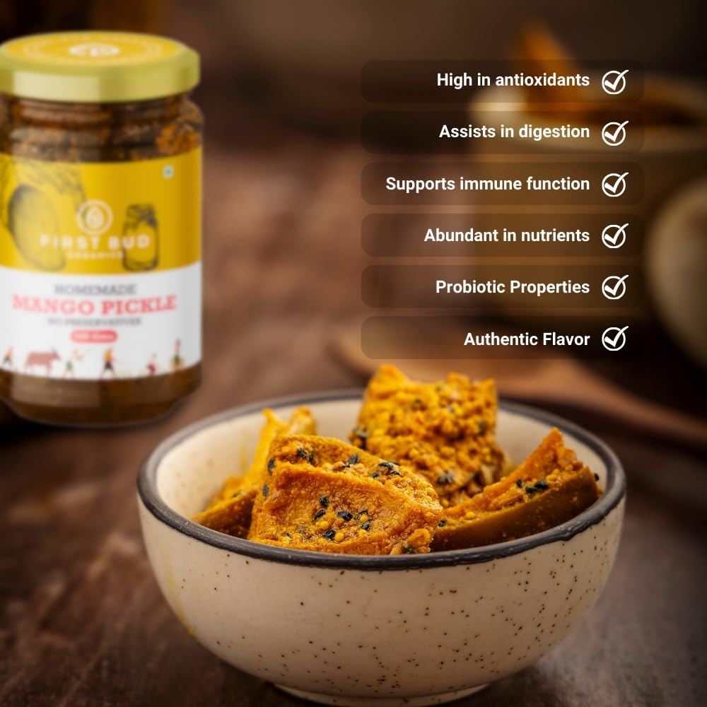 First Bud Organics Homemade Mango Pickle - 500Gm | Authentic Indian Taste & Secret Rajashtani Receipe | Dry & Spicy Mango Pickle