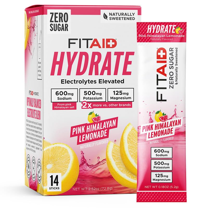 FITAID Hydrate Clean Electrolyte Mix  Zero Sugar  Balanced Electrolyte Ratios: 600mg Sodium  500mg Potassium  125mg Magnesium  Pink Lemonade  for Exercise & Active Hydration  14 Sticks