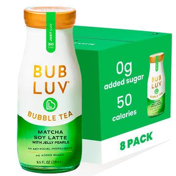BUBLUV Low Sugar Bubble Tea - Matcha Soy Latte with Low-Carb Jelly Pearls - Ready-to-Drink Boba Milk Tea in a Glass Bottle, Low 