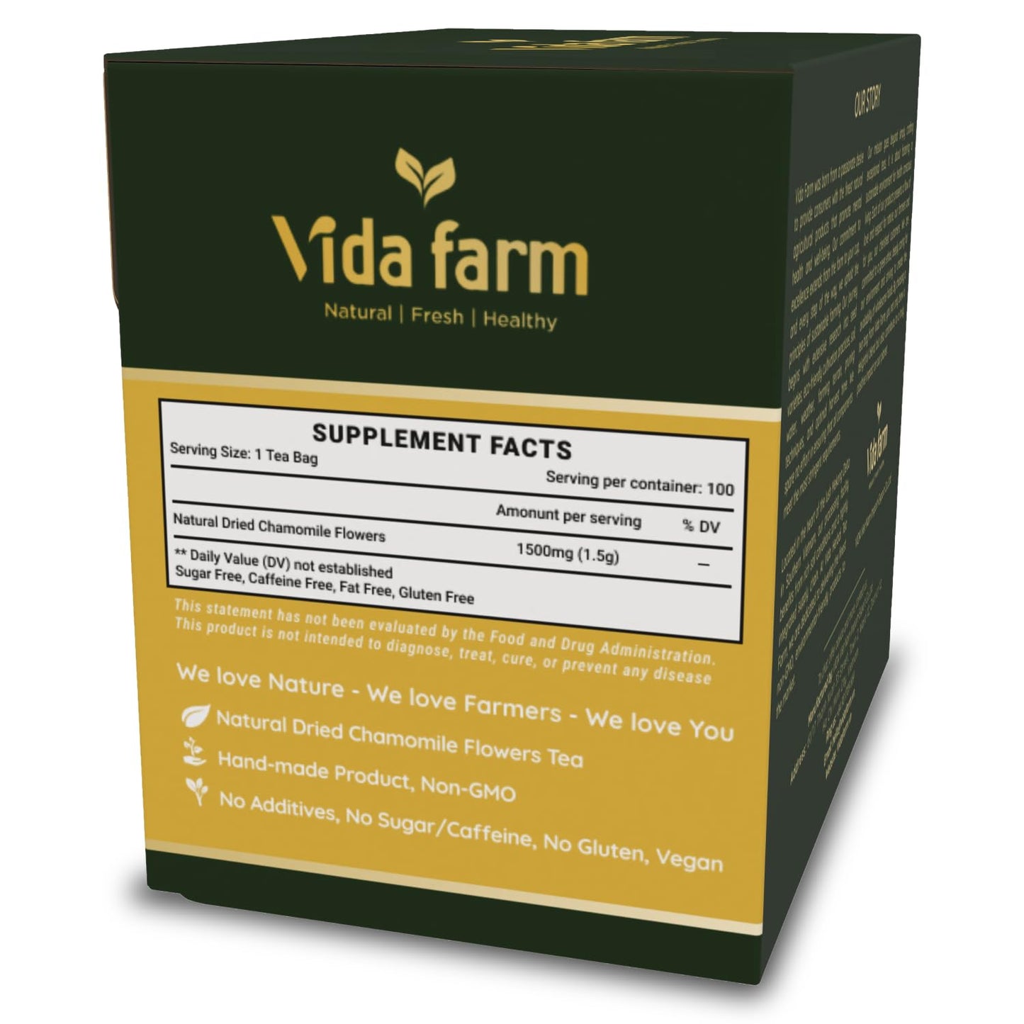 VIDA FARM Chamomile Tea Bags, Dried Herbal Flowers, Caffeine Free, Gluten Free, 100 Count