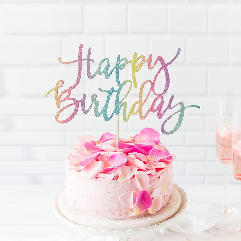 Auteby Rainbow Happy Birthday Cake Topper, Glitter Birthday Party Decoration Supplies