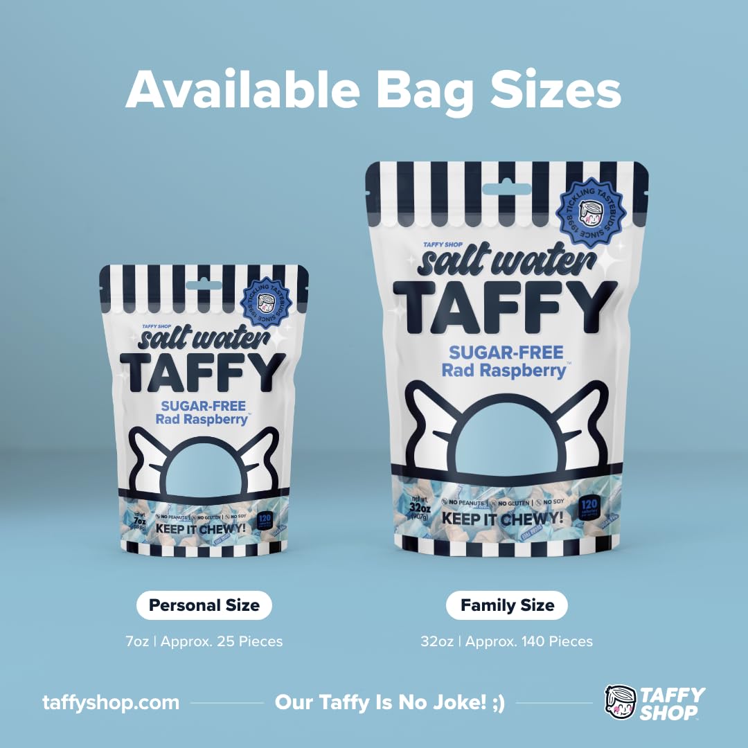 Taffy Shop Sugar-Free Rad Raspberry Salt Water Taffy Gourmet Soft Chewy Candy, Bulk Sweet Snack, Fresh Gift & Gluten-Free, 140 I