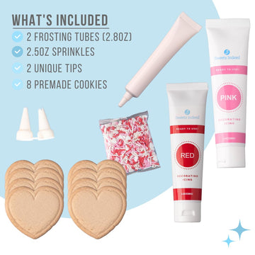 Sweets Indeed Cookie Decorating Kit 8 Baked Cookies Heart Sprinkes Frosting Tubes 14.87 Ounces