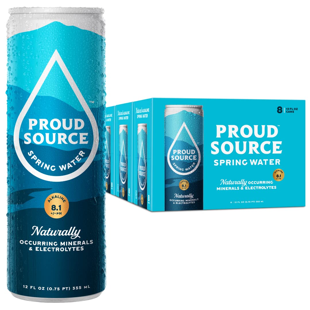 Proud Source Alkaline Spring Water, Natural Minerals + Electrolytes, Infinitely Recyclable Aluminum, BPA-Free, 12 Fl Oz (Pack of