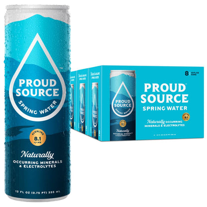Proud Source Alkaline Spring Water, Natural Minerals + Electrolytes, Infinitely Recyclable Aluminum, BPA-Free, 12 Fl Oz (Pack of