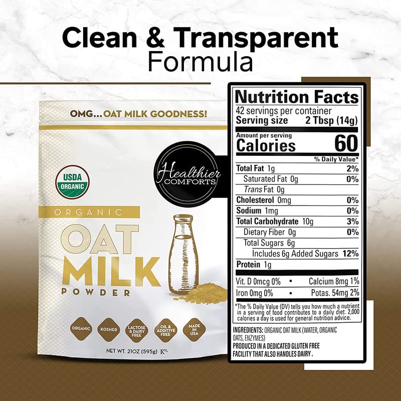 Healthier Comforts Oat Milk Powder - Gluten-Free, Vegan, USDA Organic, 21oz