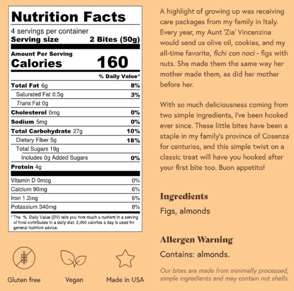 Fichi Fig and Nut Bites, Gluten-Free Italian Snack, 3.5oz Bag, Fig and Almond