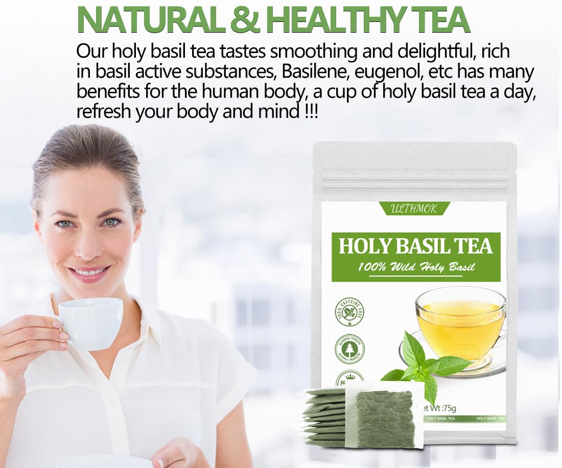 Enhanced 50 Holy Basil Tea Bags, Made With 100% Natural Tulsi Wild Holy Basil Leaves, No Additives & Caffeine Free.