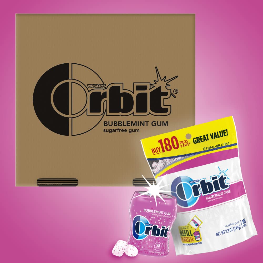 Orbit Sugar-Free Chewing Gum, Bubblemint Flavor, Bulk Pack, 470 Count (2 Bags - 180 Pieces & 2 Bottles - 55 Pieces)