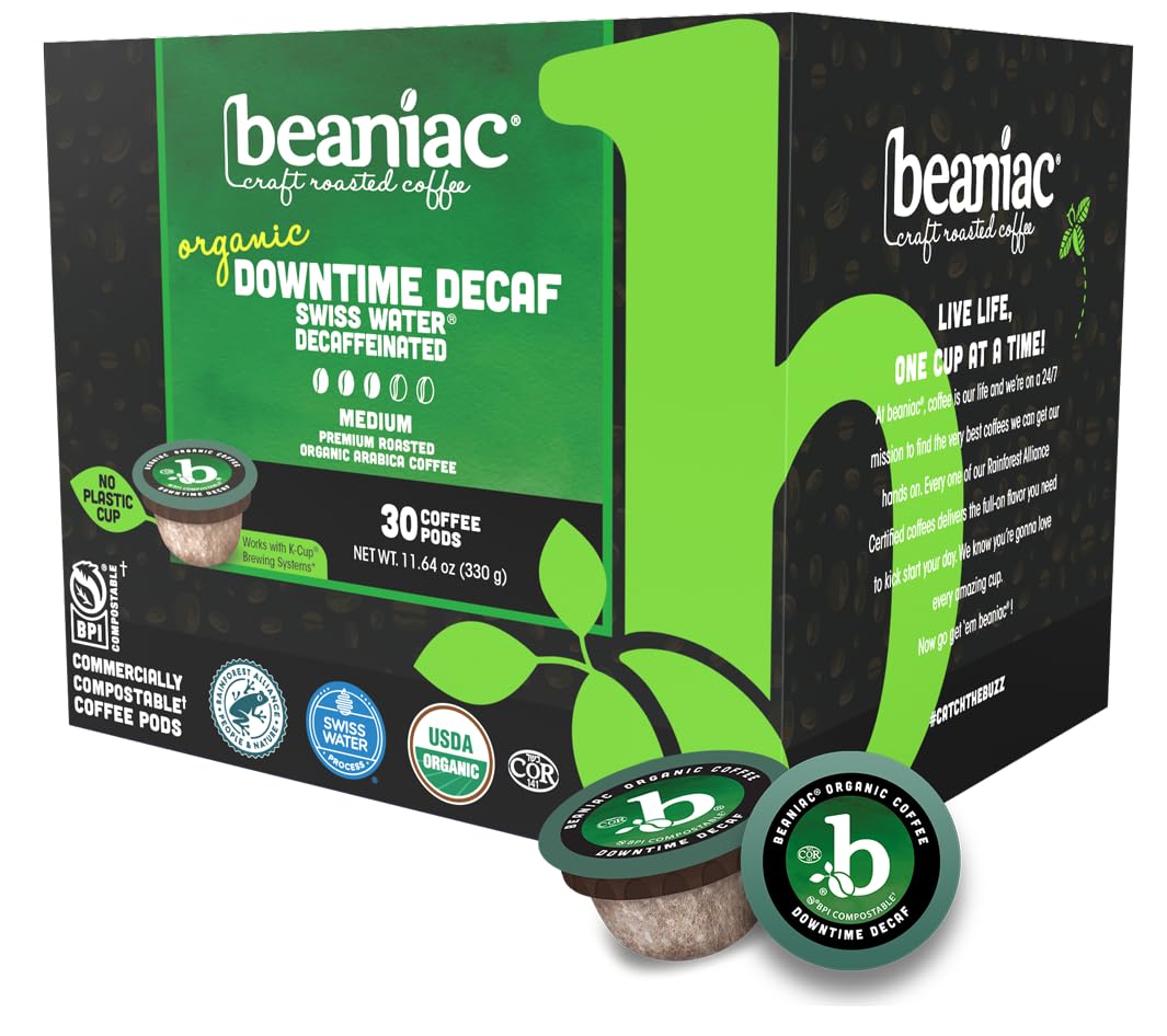 beaniac Organic Decaf Coffee Pods, Medium Roast, Single Serve, Compostable K Cup, 30 Count