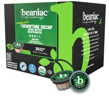 beaniac Organic Decaf Coffee Pods, Medium Roast, Single Serve, Compostable K Cup, 30 Count