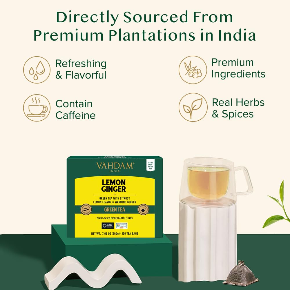 VAHDAM Lemon Ginger Green Tea Bags, 100 Count, Non-GMO, Gluten Free, Fruity Flavor, Resealable Ziplock Pouch
