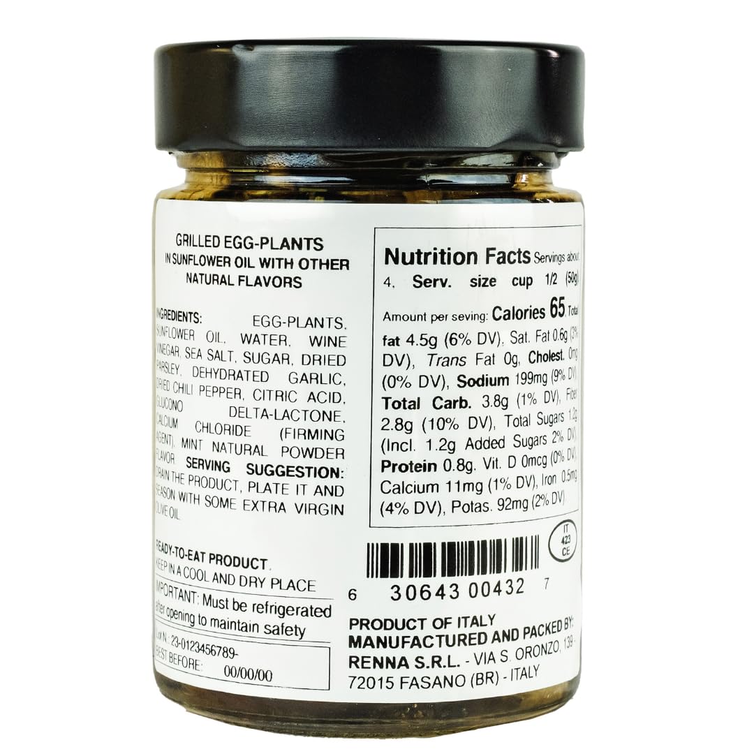 Renna Grilled Eggplant, Roasted Marinaded Eggplants in Oil, 10.58 oz, Crafted in Italy, A Taste of the Mediterranean