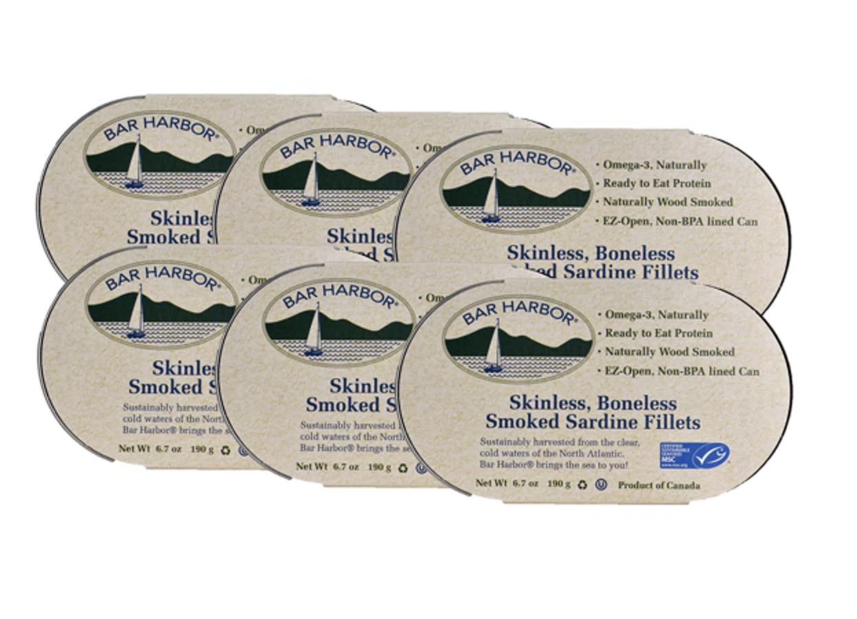 Bar Harbor Skinless Boneless Smoked Sardine Fillets, 6.7-Ounce (Pack of 6)