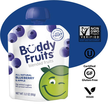 Buddy Fruits Snacks To Go Blueberry Unsweetened Applesauce 3.2Oz Pouch (18Pk) Gluten-Nut-Dairy-Preservatives-Bpa Free, Non Gmo,