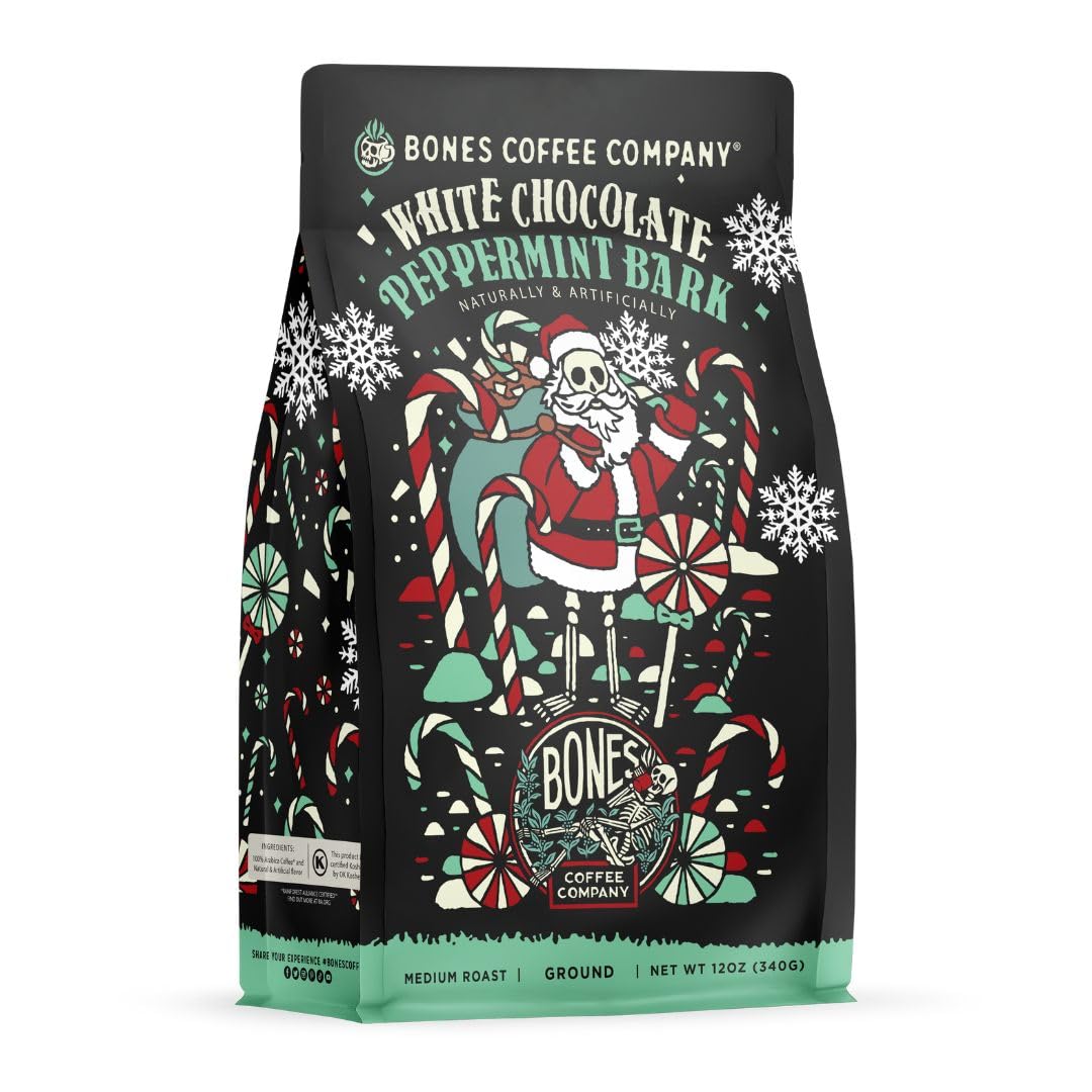 Bones Coffee Company White Chocolate Peppermint Bark Flavored Coffee  Medium Roast Low Acid Arabica Beans Compatible with Auto drip and French Press Coffee Maker  12 Oz Ground