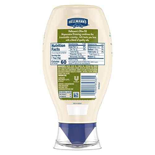 Hellmanns Mayonnaise Dressing with Olive Oil Squeeze Bottle Condiment for Simple Meals and Sandwiches Rich in Omega-3 ALA 20 oz