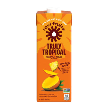 Revl Fruits 100% Juice, No Added Sugar, Pineapple Mango, Truly Tropical, 32 Fl Oz. Carton