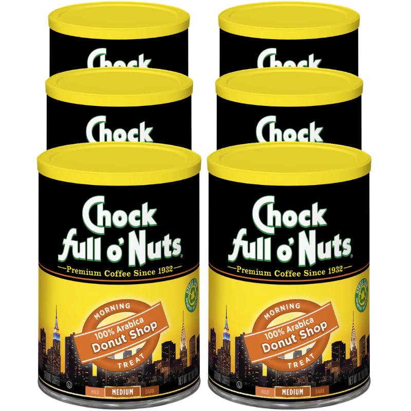 Chock Full O Nuts Donut Shop Ground Coffee - Top-Grade Beans In Recyclable Steel Can - Rich Flavor & Aroma  Medium Roast - Perfect For Drip  Pour-Over  Percolator - 10.2 Oz Can  Pack Of 6