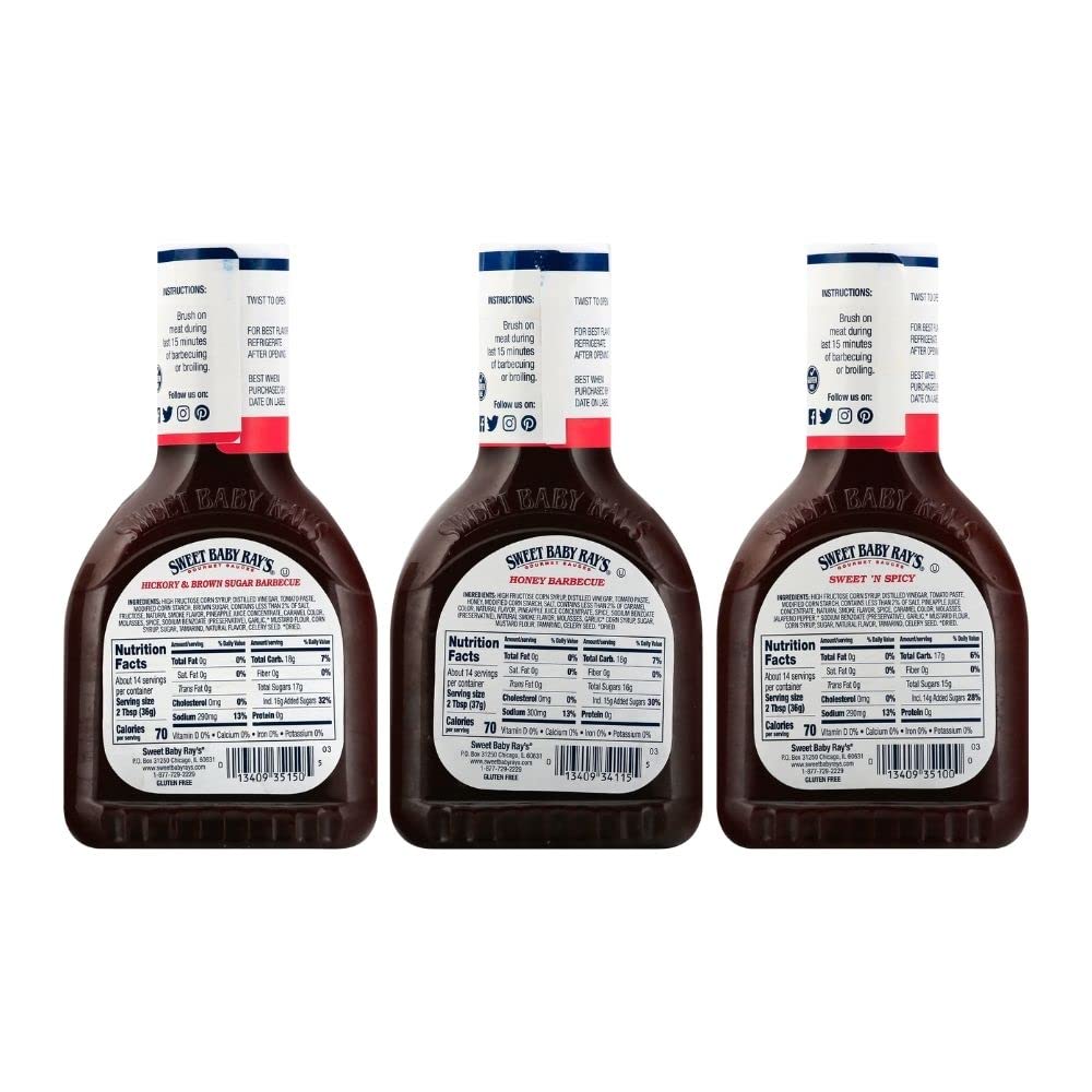 Sweet Baby Ray'S Variety Bbq Sauce Set - Honey, Hickory, And Sweet 'N Spicy - 18 Oz Bottles - Pack Of 3 For Flavorful Grilling A