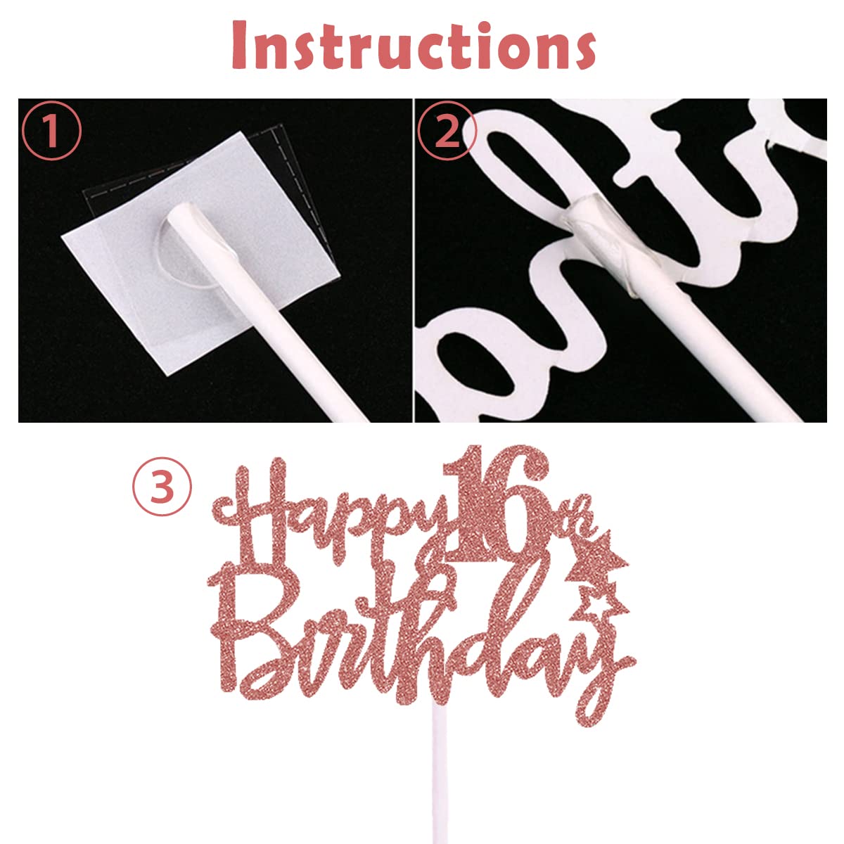 Iealods 16Th Happy Birthday Cake Topper, Rose Gold Glitter 16Th Birthday Cake Topper With Balloon Cake Topper For Girl Birthday