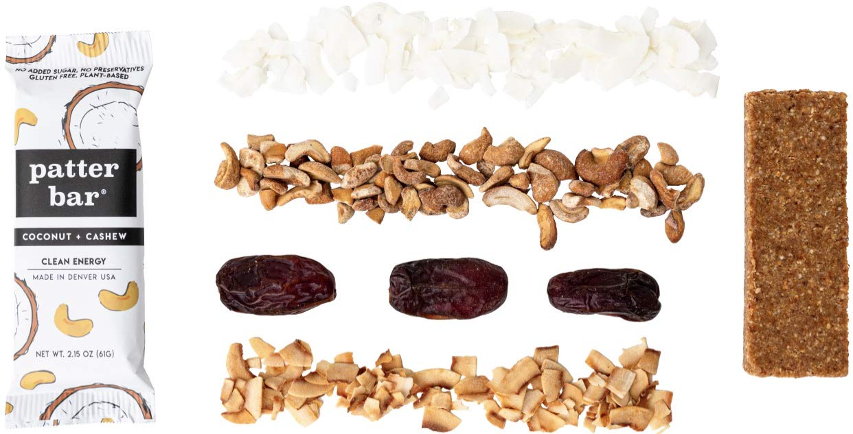 Patter Bar Energy Bars, 100% Whole Foods, Gluten Free, Vegan, No Added Sugar, 12-Pack, Coconut Cashew
