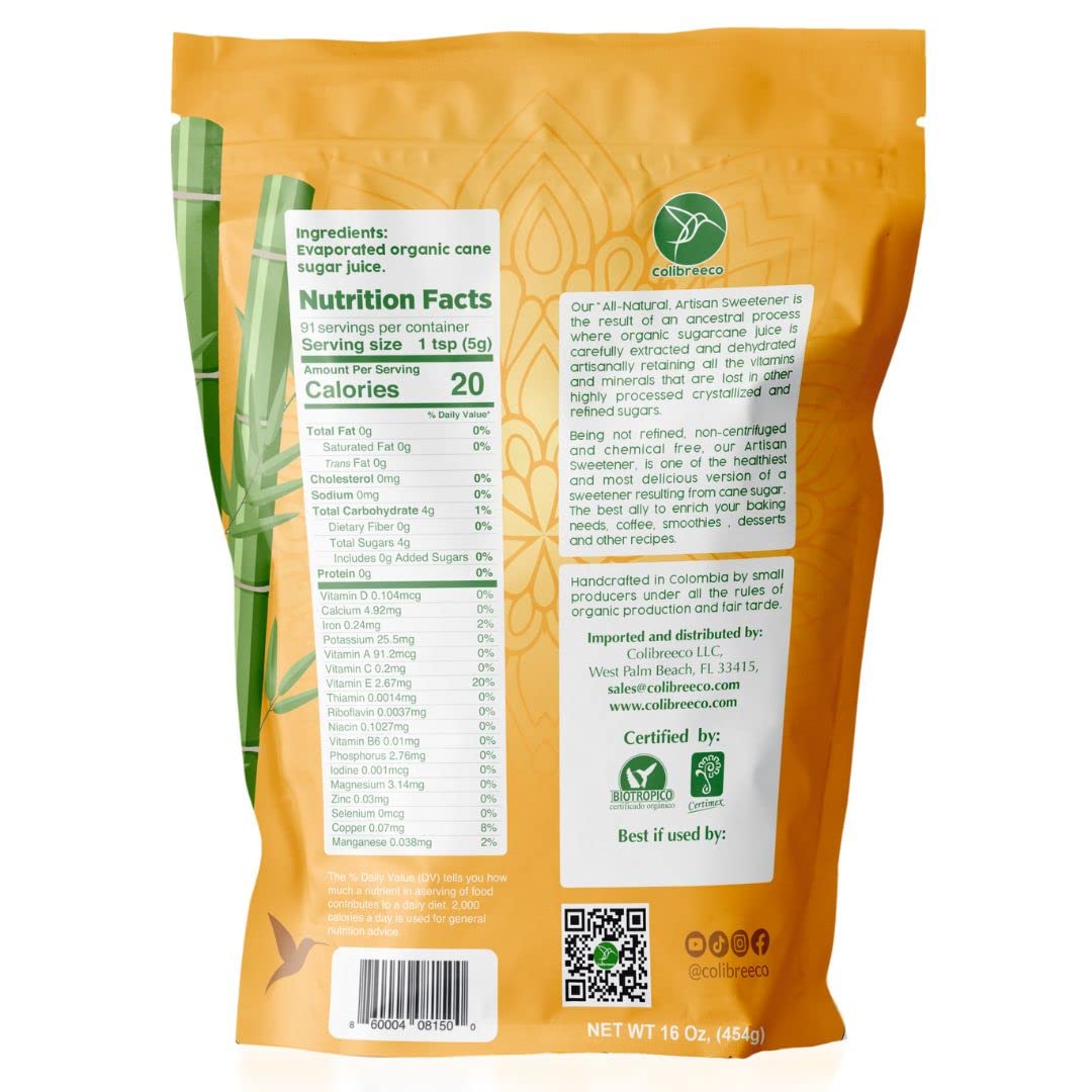 Colibreeco, Organic Unrefined Cane Sugar, 1 Pound (Pack of 6): Perfect for Sweetening Drinks & Recipes | Unprocessed & Chemical-