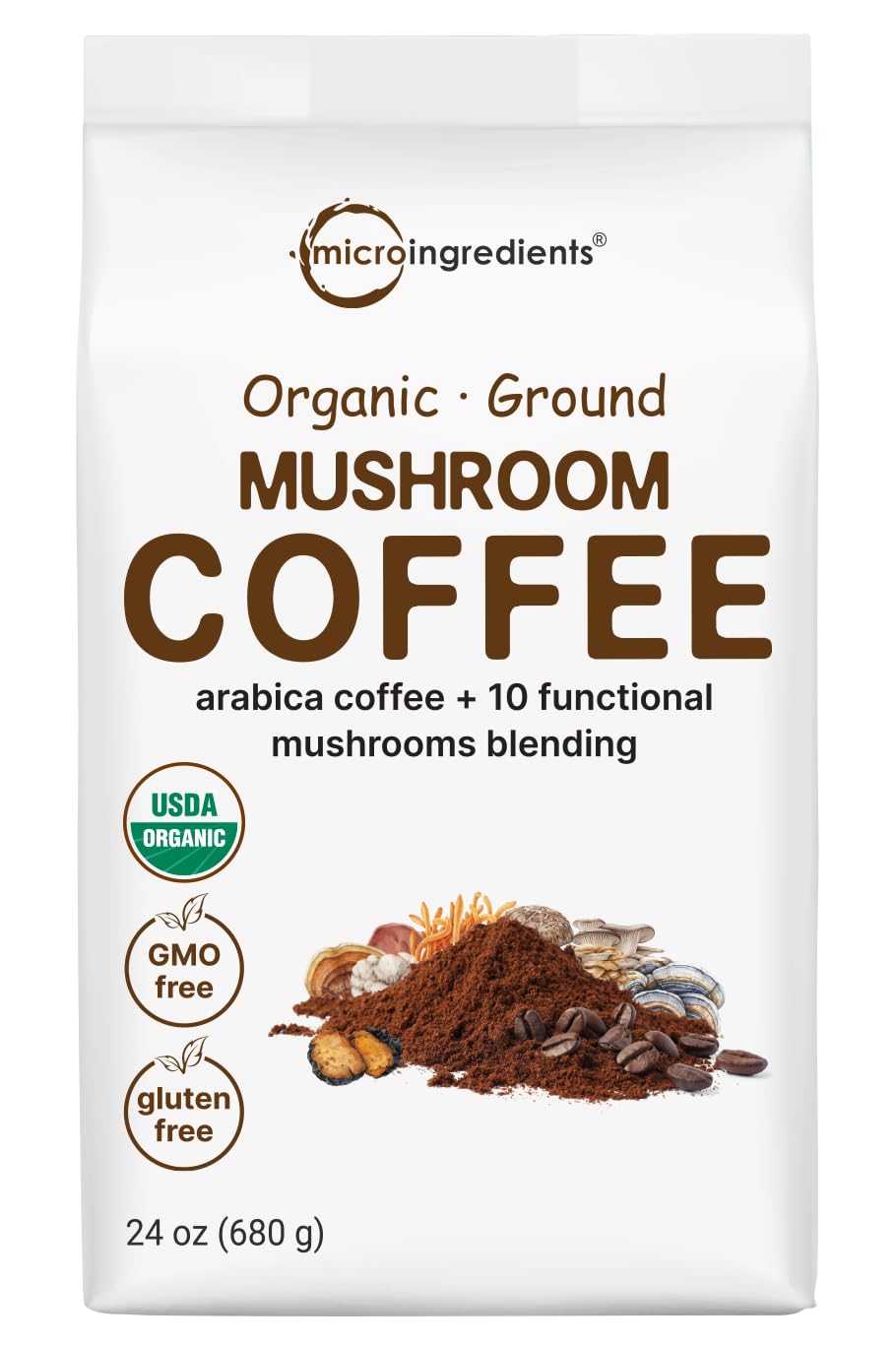 Micro Ingredients Organic 10 in 1 Ground Mushroom Coffee, Premium Arabica, 24 Ounce, Smooth Medium Roast, Immune Support