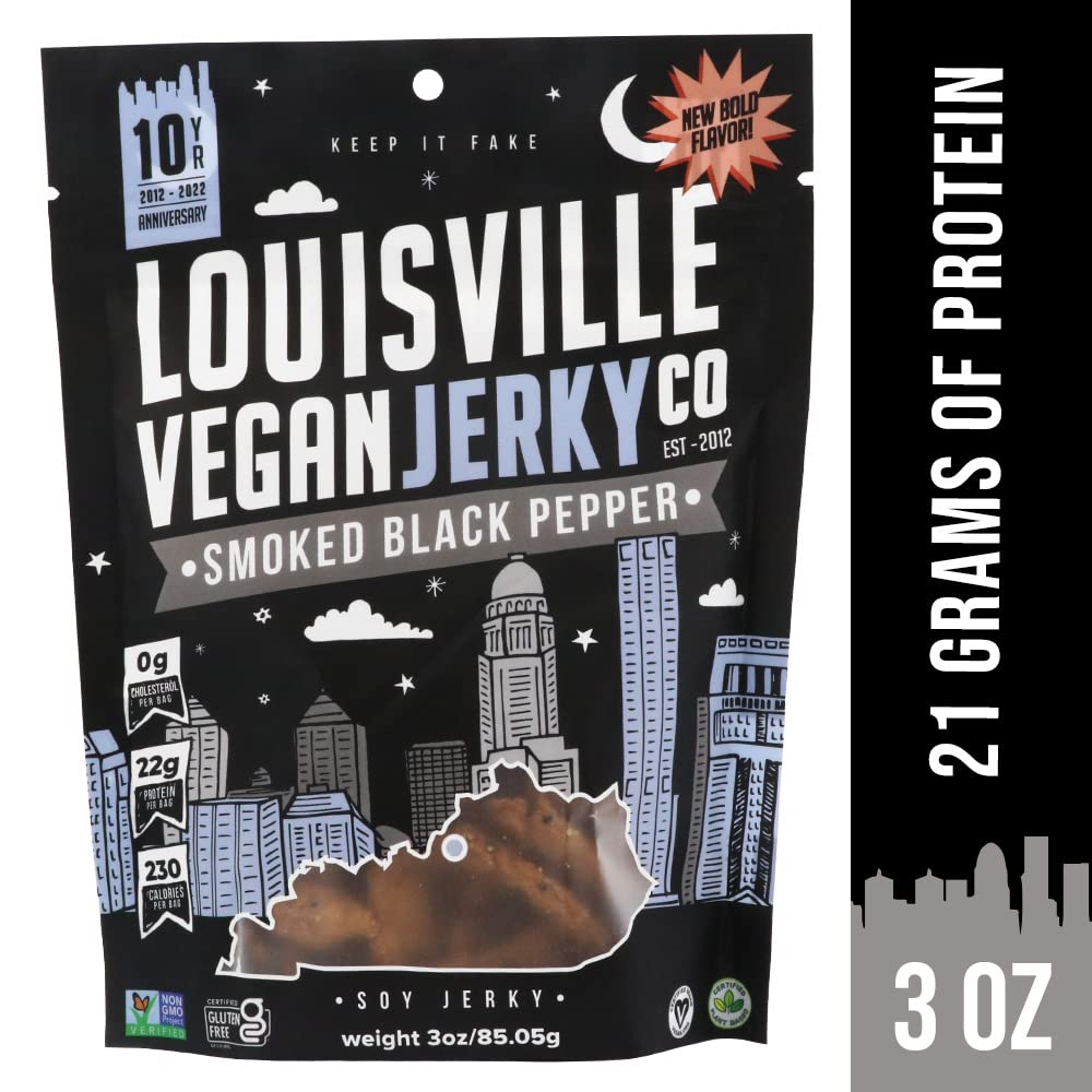 Louisville Vegan Jerky Smoked Black Pepper 5-Pack, 21g Non-GMO Soy Protein, Gluten-Free, 2.5 oz Each
