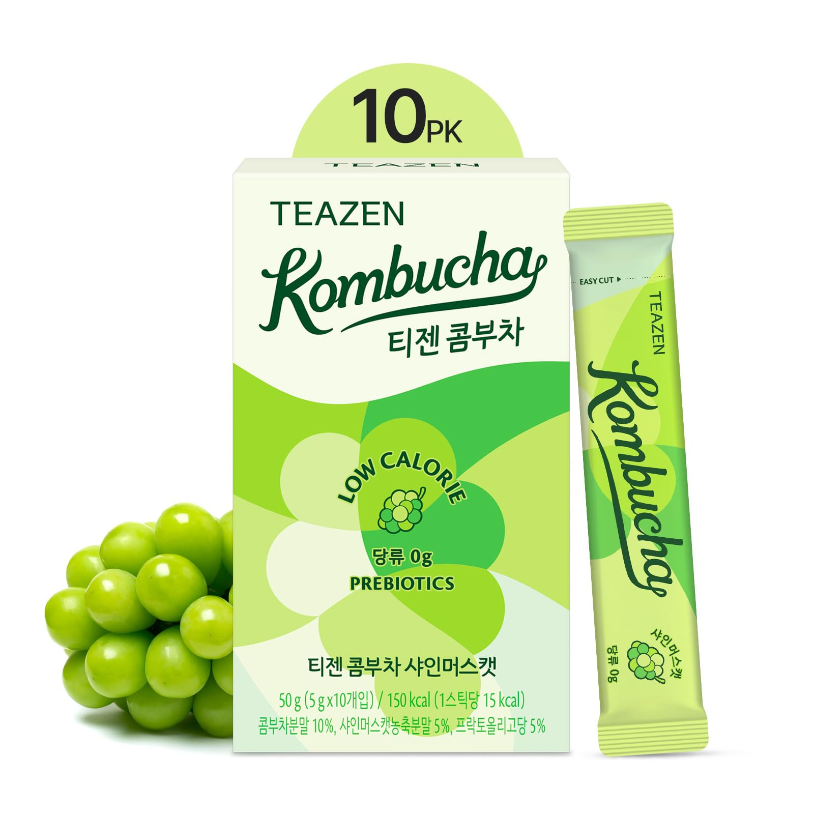 Teazen Shine Muscat Kombucha Tea, Electrolyte Powder & Hydration Drink Mix, Sugar Free, Live Probiotics & Prebiotics, 10 Sticks,