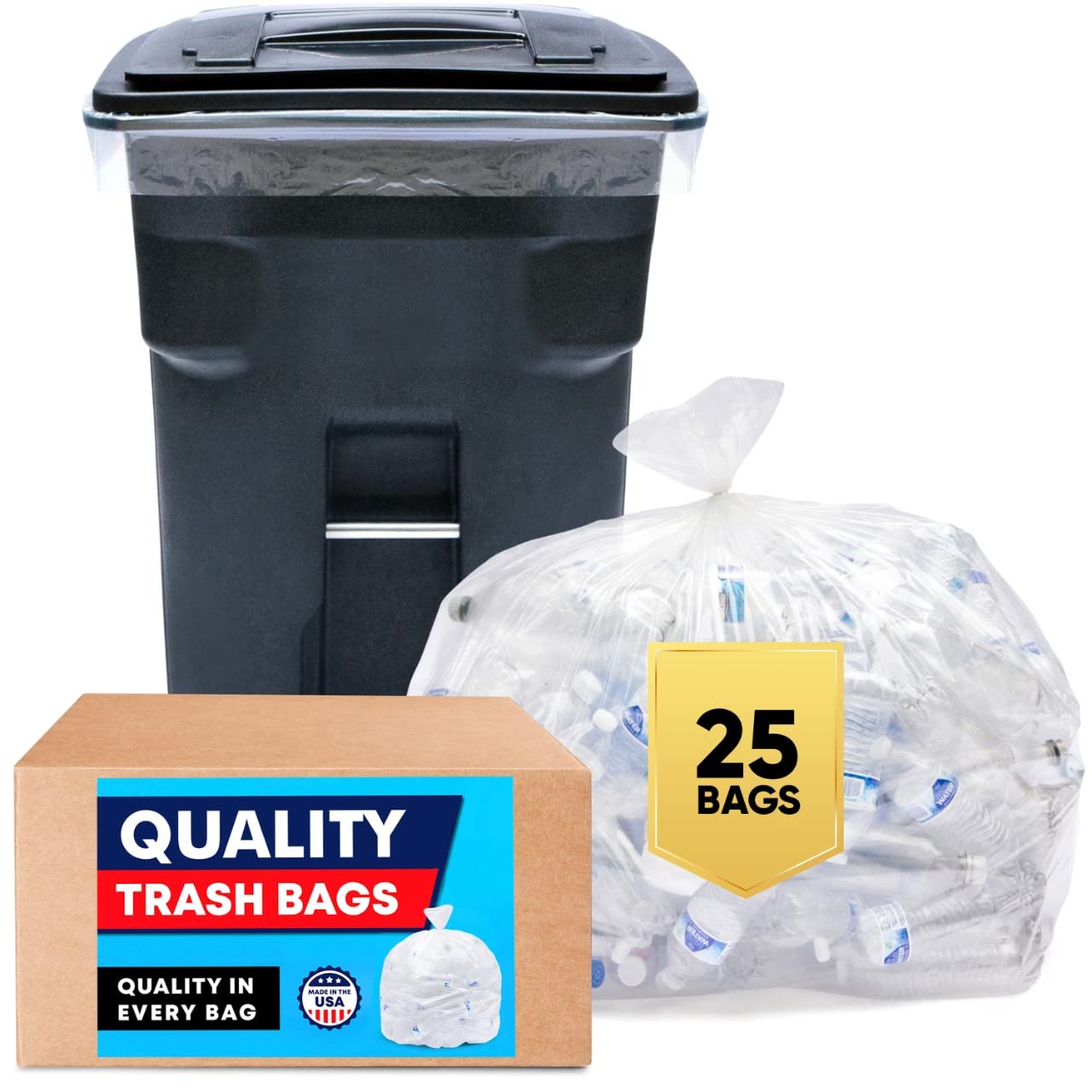95 Gallon Trash Bags Clear (Huge 25 Count W/Ties) 96-100 Gallon Extra Large Trash Bags, Clear Recycling Trash Bags, 90 Gallon