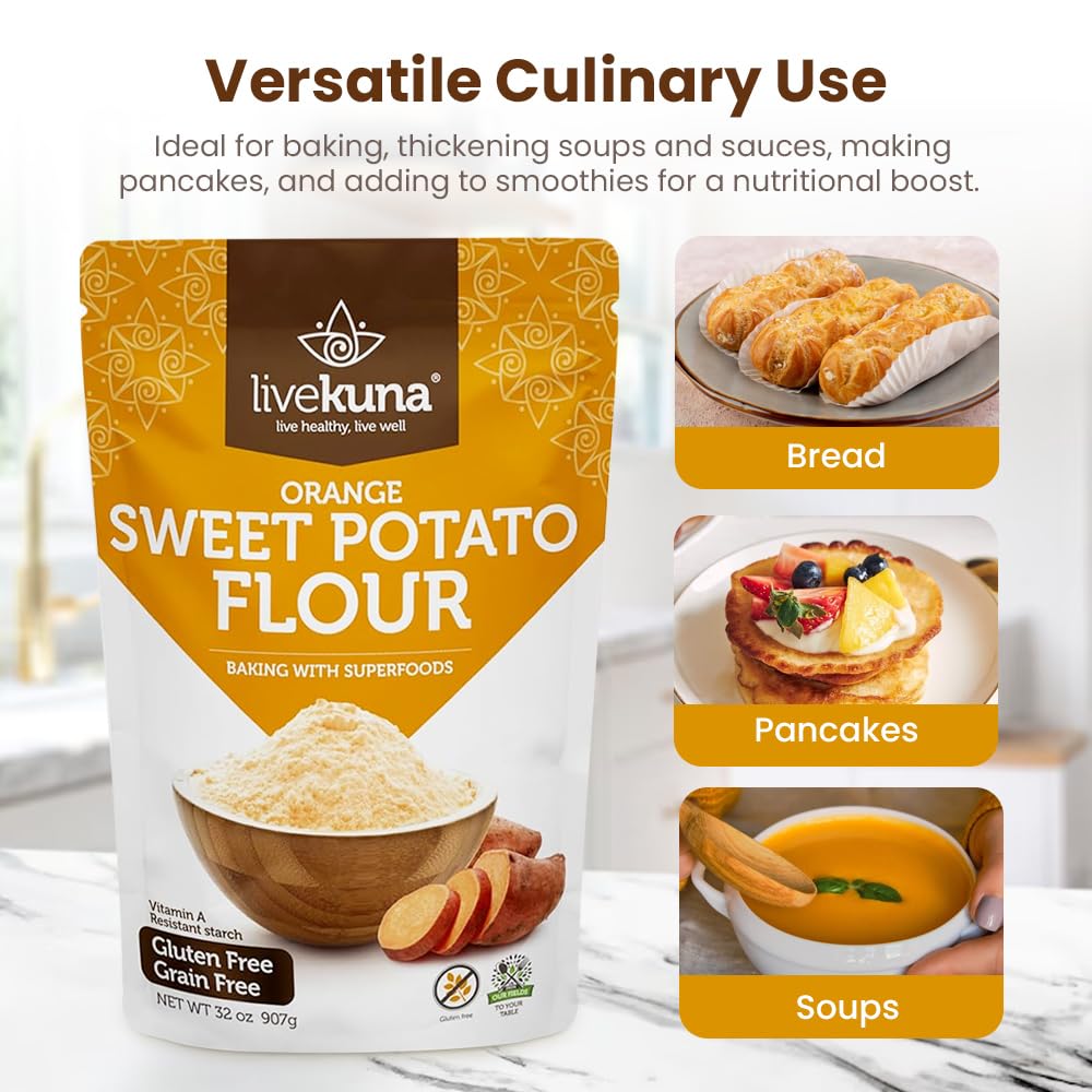 Livekuna - Orange Sweet Potato Flour, Sweet Potato Flour For Baking, Gluten-Free Baking Flour, Alternative For Almond Flour, Rice Flour & Coconut Flour, Sweet Potato Powder Flour For Soups & Sauces