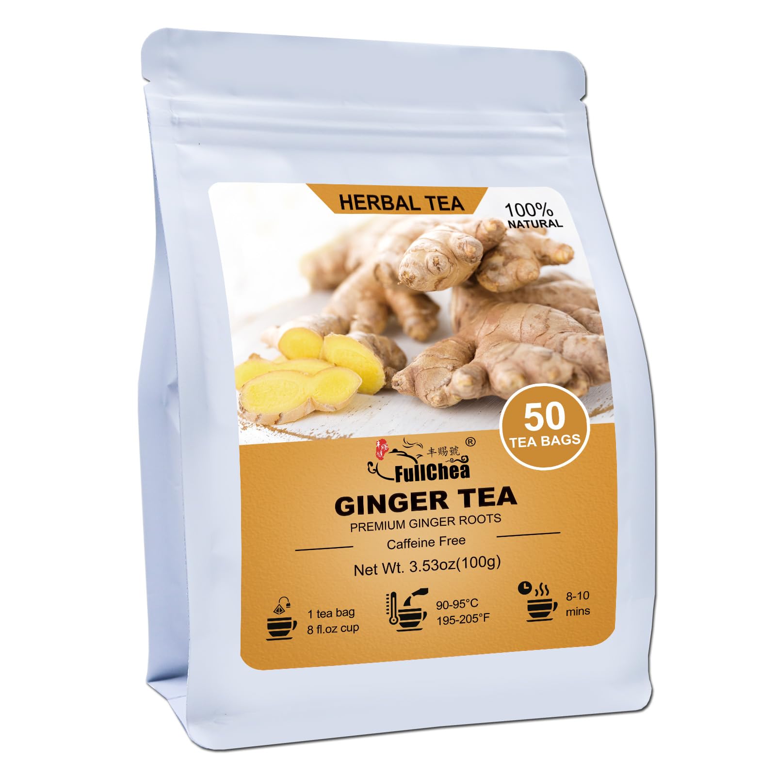 FullChea Ginger Tea Bags - Premium Ginger Root Tea, Caffeine-free, Non-GMO, 50 Count