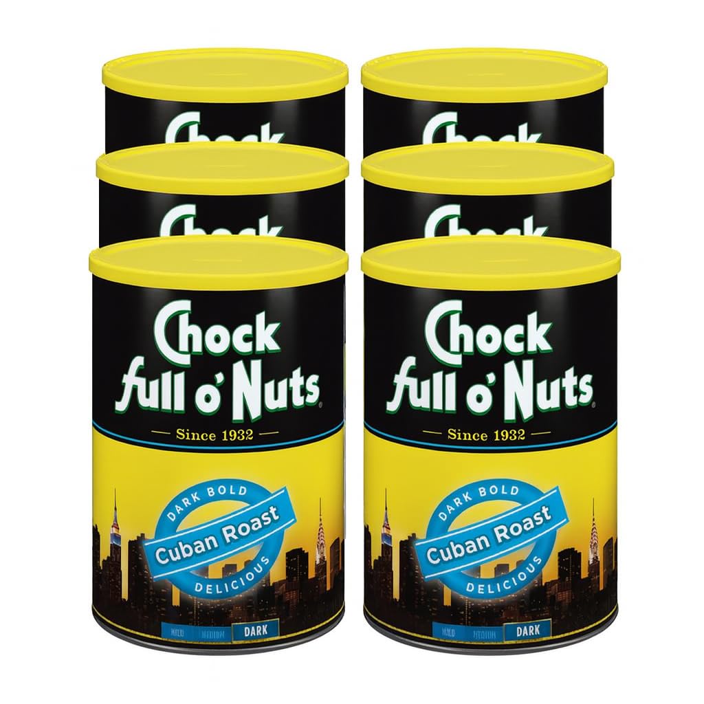 Chock Full O Nuts Cuban Roast Ground Coffee - Top-Grade Beans In Recyclable Steel Can - Rich Flavor & Aroma  Dark Roast - Perfect For Drip  Pour-Over  Percolator - 10.5 Oz Can  Pack Of 6