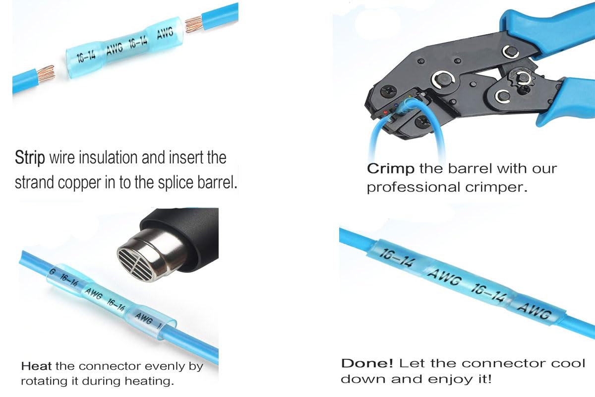 Fagegfa 100Pcs 16-14 Awg Blue Heat Shrink Butt Connectors Waterproof Insulated Crimp Butt Splice Electrical Connectors
