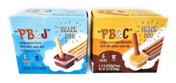 PB&J Crispy Peanut Butter Filled Wafer Sticks with Raspberry Fruit Dip Snack Duo & PB&C Crispy Cocoa Creme Filled Wafer Sticks w
