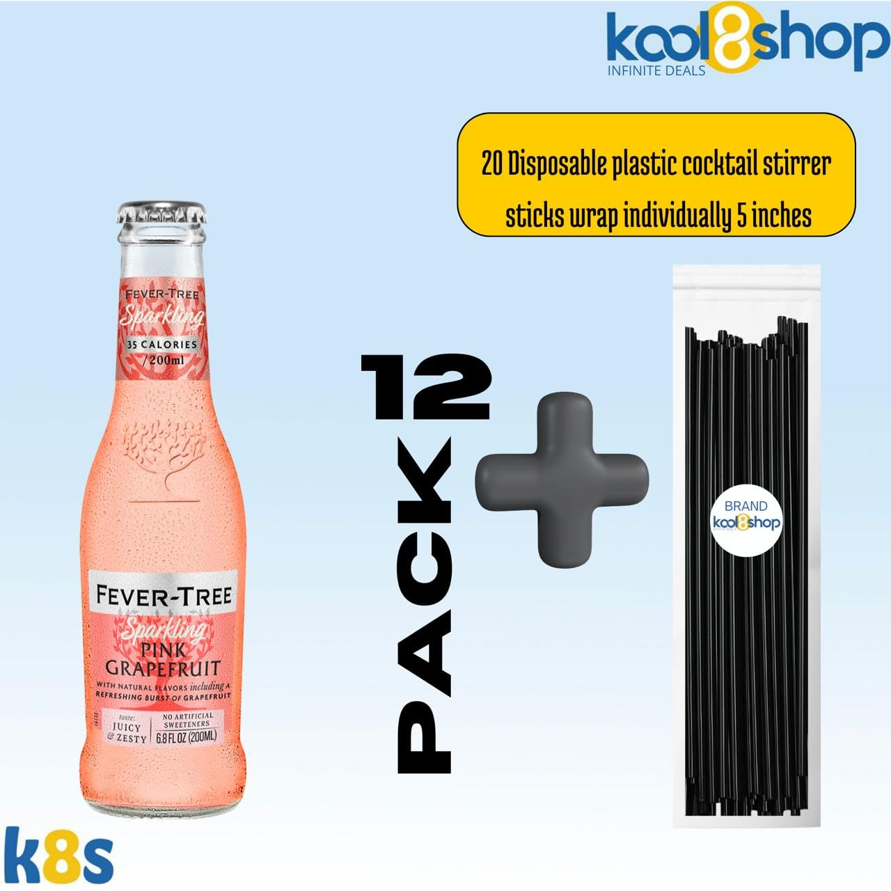 Fever-Tree Pink G fruit Mixer, 6.8 fl oz Glass Bottles, 12 Pack with 20 Plastic Stirrer Sticks