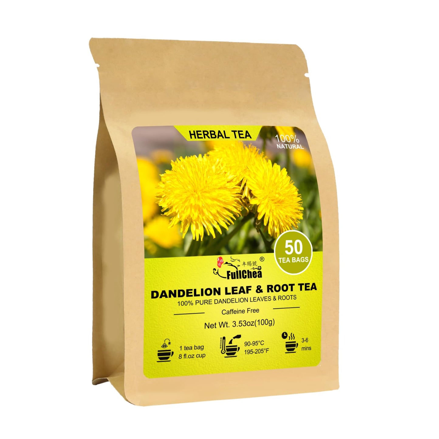 FullChea Dandelion Leaf & Root Tea Bags - 50 Count - Natural, Non-GMO, Caffeine-Free Herbal Tea for Digestion & Immune Support